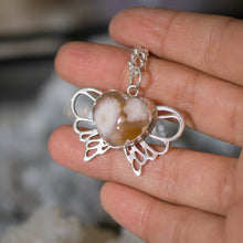 Flower agate mini winged heart pendant