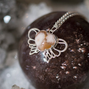 Flower agate mini winged heart pendant